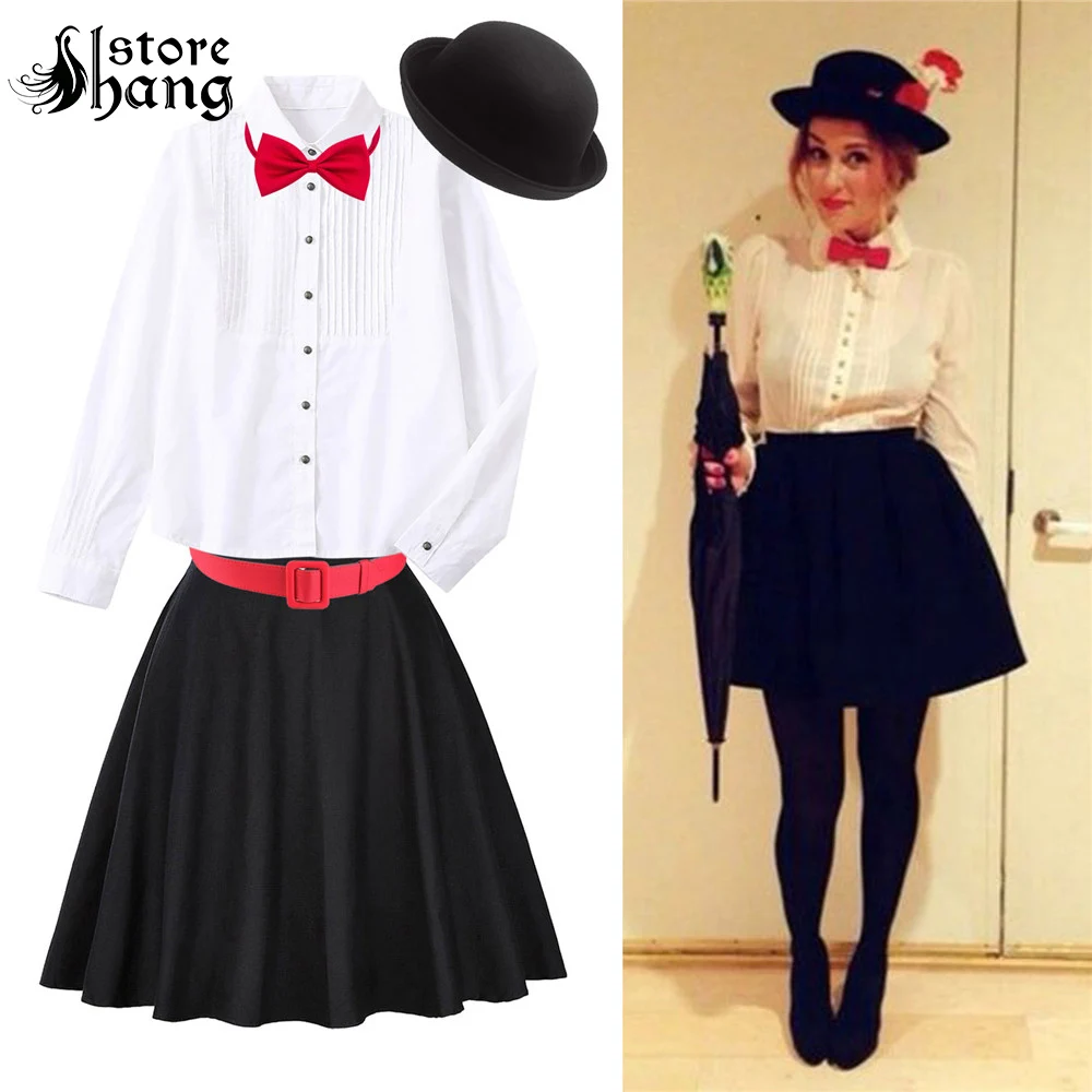Mary Poppins Cosplay Costume Women Vintage White Shirt Swing Skirt 1950s Costume Masquerade Party Halloween Costume