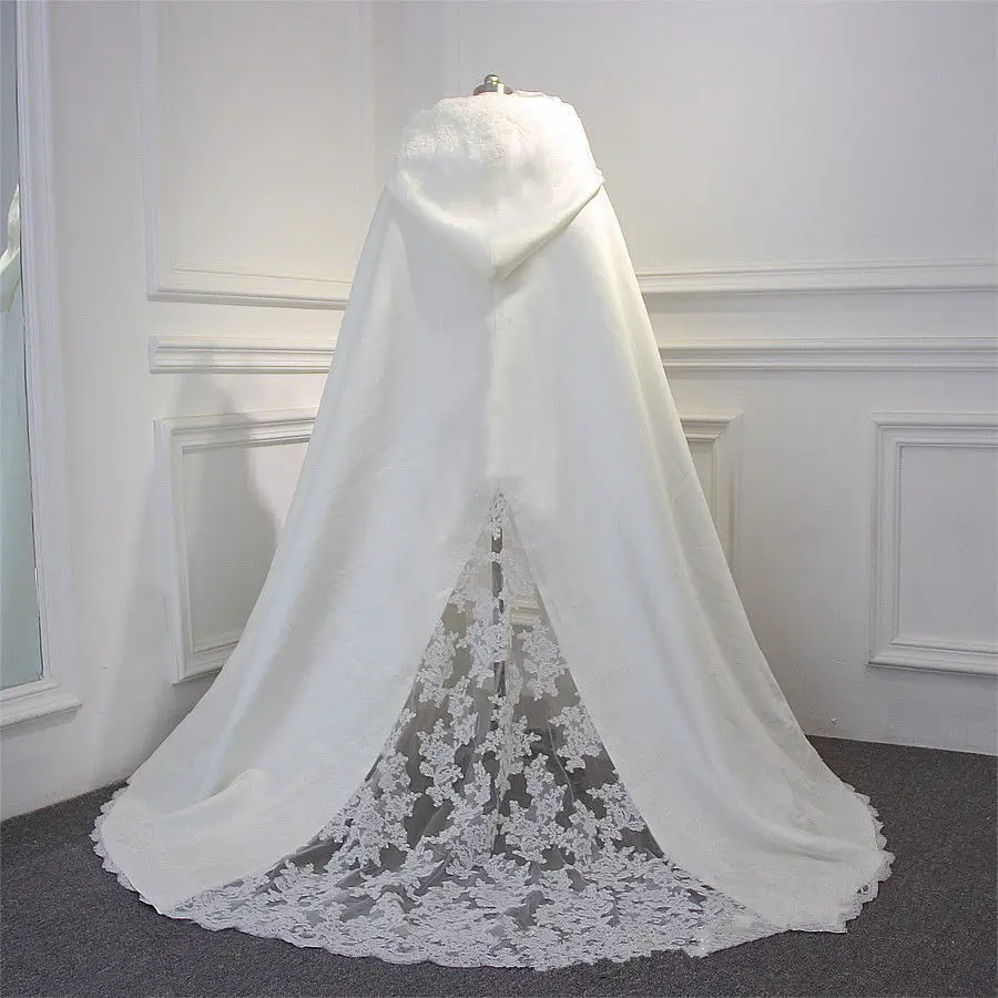 New Winter Wedding White Ivory Wraps Shawl Capes Long Train Lace Edge With Hood Appliques Bridal Cloaks Custom Jackets