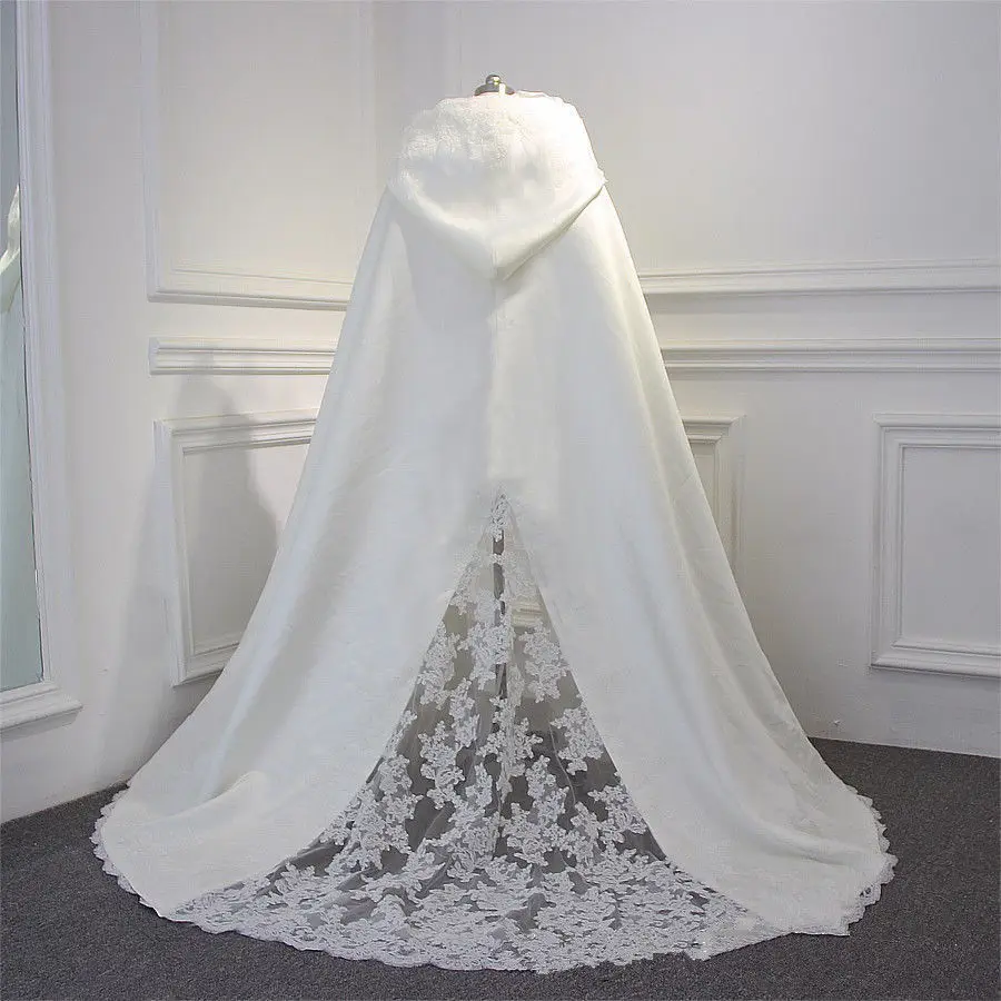 

New Winter Wedding White Ivory Wraps Shawl Capes Long Train Lace Edge With Hood Appliques Bridal Cloaks Custom Jackets
