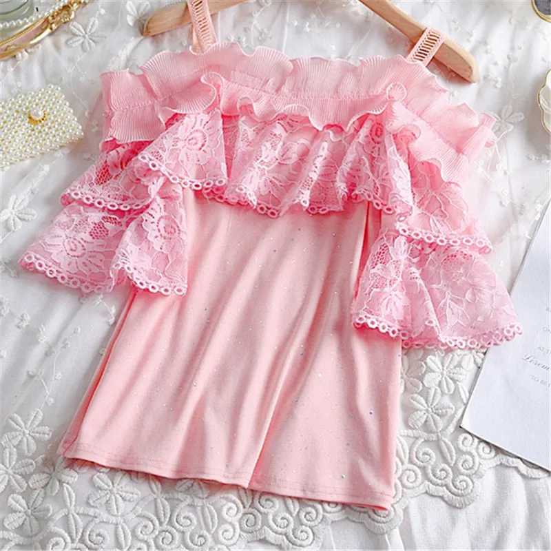

Summer Autumn Women Floral Lace Shirt Ruffles Slash Neck Mesh Blouses Female Short Sleeve Sequined Blouse Blusas Short Tops 1486