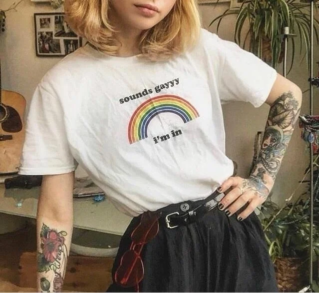 

Fashionshow-JF Sounds Gayyy I'm in Rainbow Letter Printed T Shirt Man Women Short Sleeve Lesbian Gay LGBT Proud Tee Tops