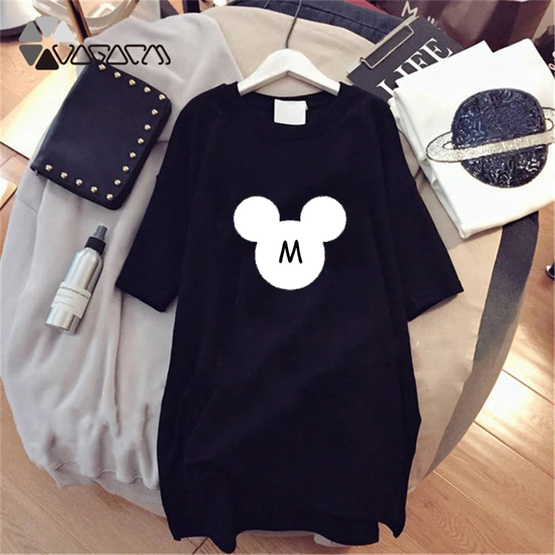 

2019 New Plus Size Dresses Minnie Mickey Mouse Cartoon Print Women Short Sleeve Dresses Casual Loose Black White Mini Vestido