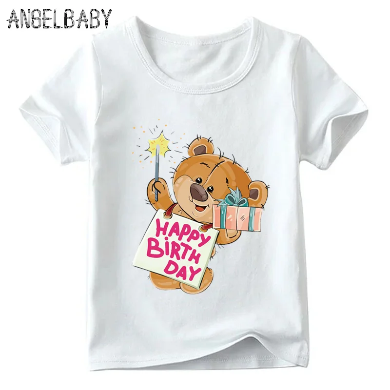Футболка с принтом медведя для девочек на день рождения, с цифрой 1-9, с бантом, летняя футболка для малышей, милая детская одежда с рисунком Винни на день рождения, ooo5237
