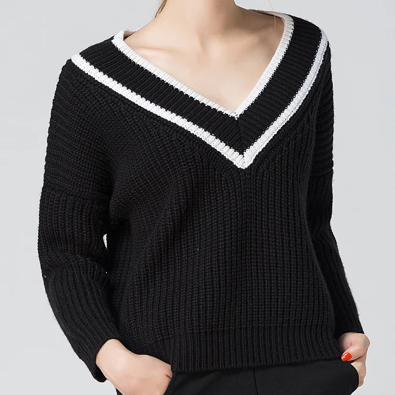 Fashion V neck knitting sweater women knitted pullovers loose warm Long