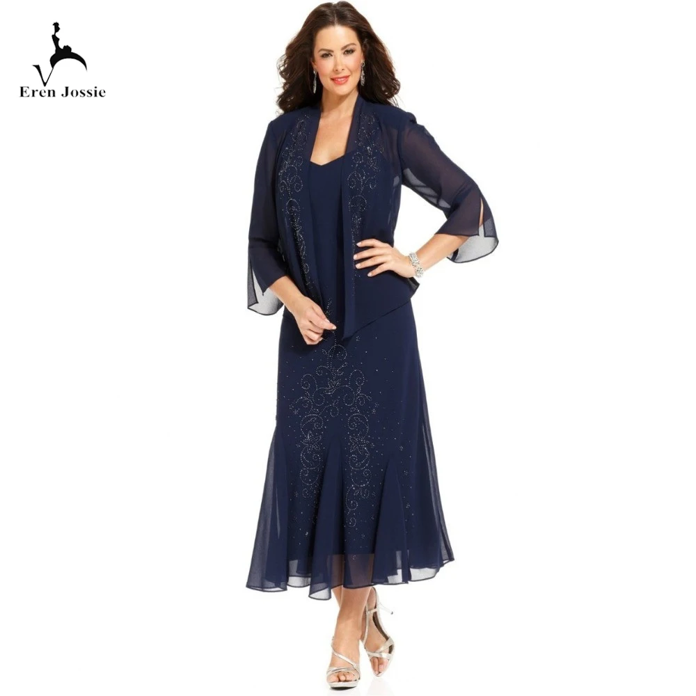 Eren Jossie Последняя мода 3/4 рукава Темно-синее шифоновое платье для мамы свадебное платье с бисером дизайн чай Длина