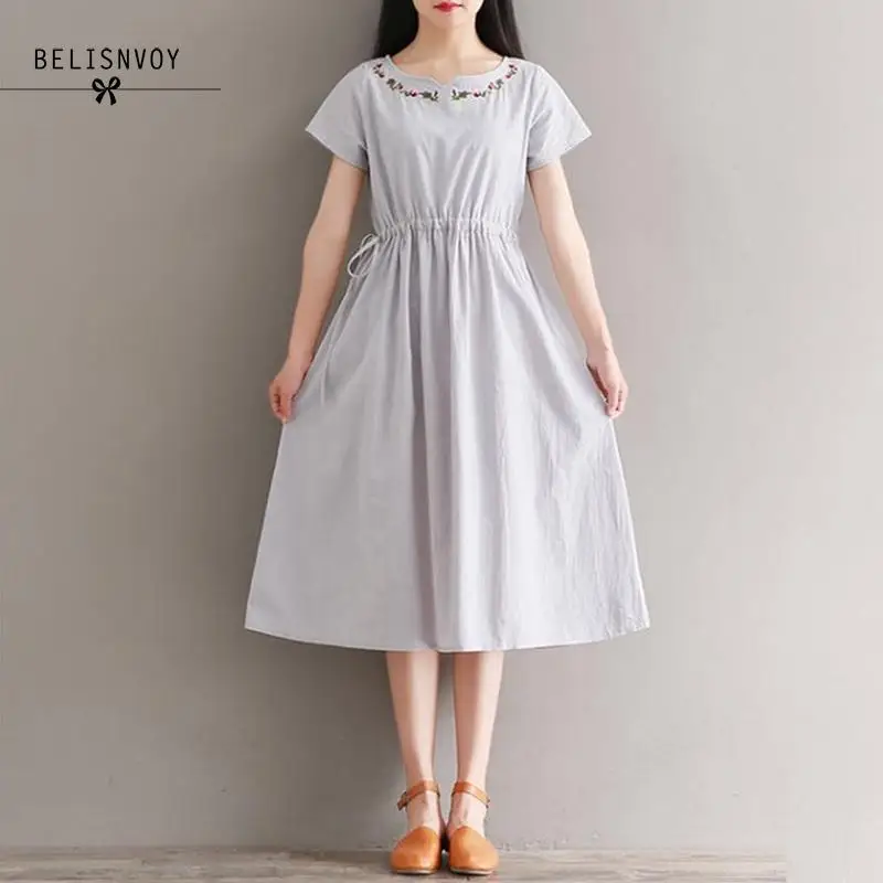 

Summer dresses Women's New Art Retro Loose Short-Sleeve Embroidery Cotton Linen Dress Fashion Mori Girl Style Dress Vestidos