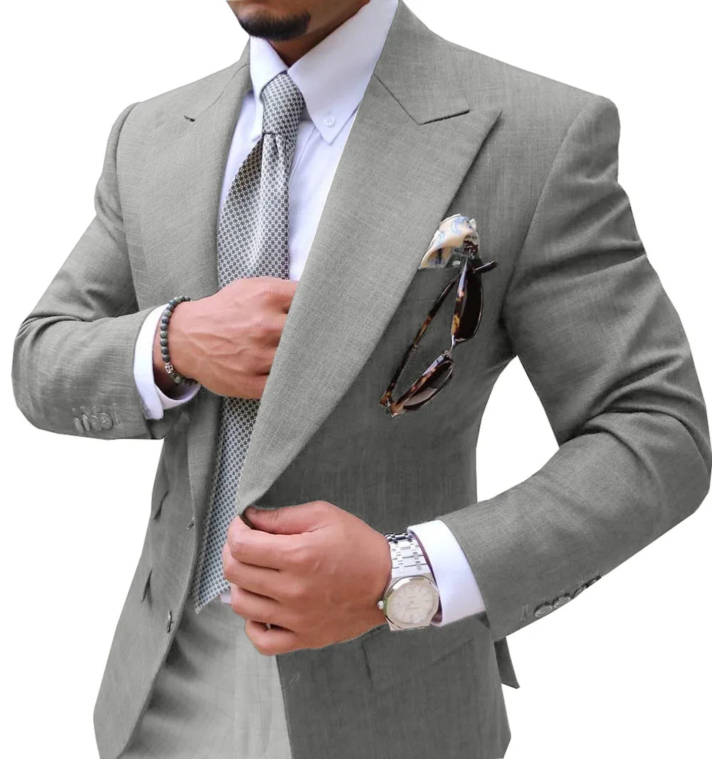 Мужские костюмы Slim Fit из двух частей шампанского деловой пиджак жениха смокинг Блейзер зеленые костюмы для свадьбы выпускного вечера(Блейзер+ брюки - Цвет: silver grey
