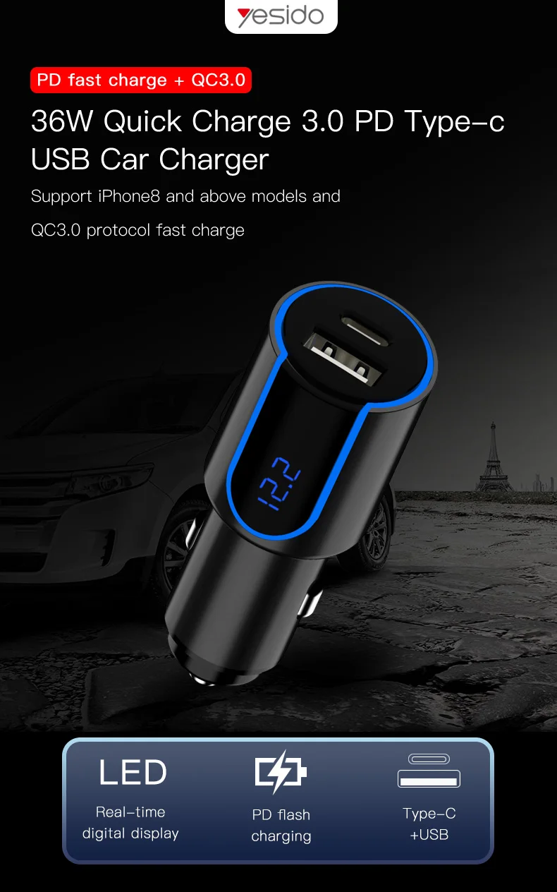 Yesido Y32 Быстрая зарядка 3,0 PD USB C автомобильное зарядное устройство цифровой дисплей Автомобильный USB адаптер для iPhone X XS 8 samsung S9 быстрое зарядное устройство для телефона