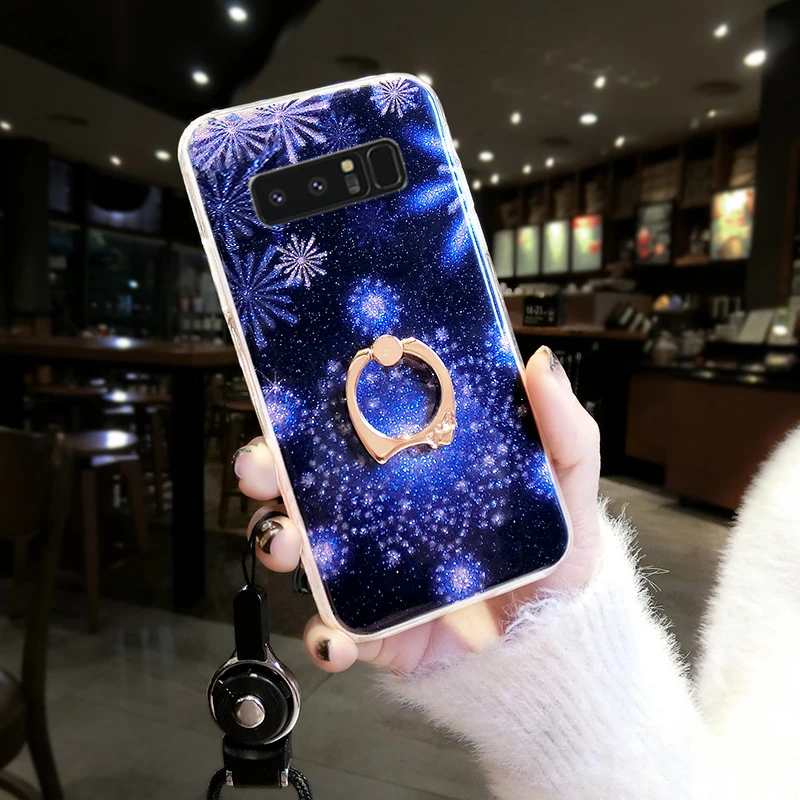 For Samsung S8/S9 plus case bling snow flower phone cover for Galaxy note 8/9 soft shell S6/S7 edge + finger ring gift + strap