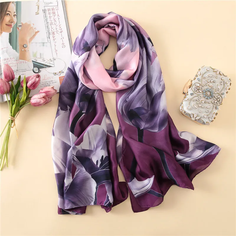 Новая брендовая фиолетовая пляжная шаль с большим цветочным принтом и Дизайнерские шарфы шелковый шарф женская накидка для пляжа бандана