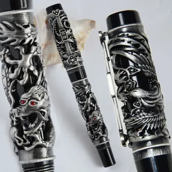 

FOUNTAIN PEN NOBLE JINHAO ANTIQUE SILVER AND BLACK DRAGON AND PHOENIX 18KGP FINE NIB BUSINESS OFFICE BEST GIFT " TAIJI " ON TOP