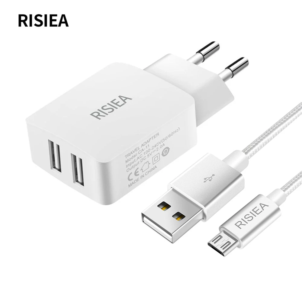

RISIEA 5V 2A Dual USB Charger Adapter + 1.2M Metal Nylon Braid Micro USB Cable Sync Data charger for Samsung Xiaomi LG