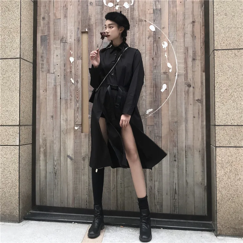 

Harajuku Gothic Casual Blouse Women Long Sleeve Front Slit Belted Black Long Shirt Vintage Loose Plus Size Sun-Protective Blouse