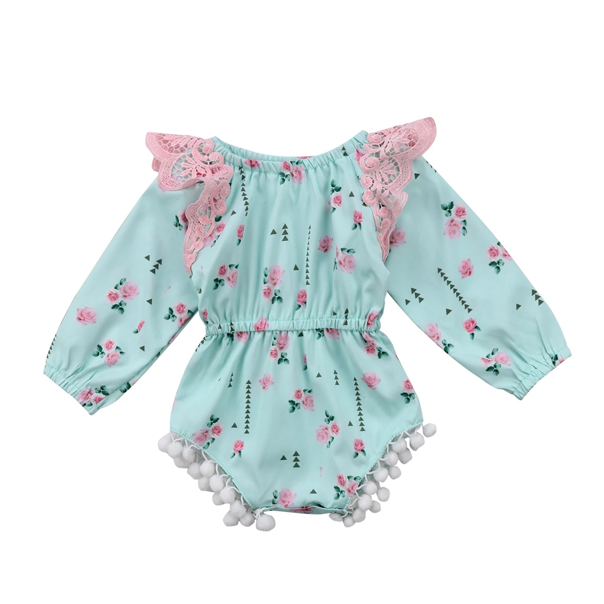Lace Fly Sleeve Pompons Green Kids Baby Girls Floral Romper Flower
