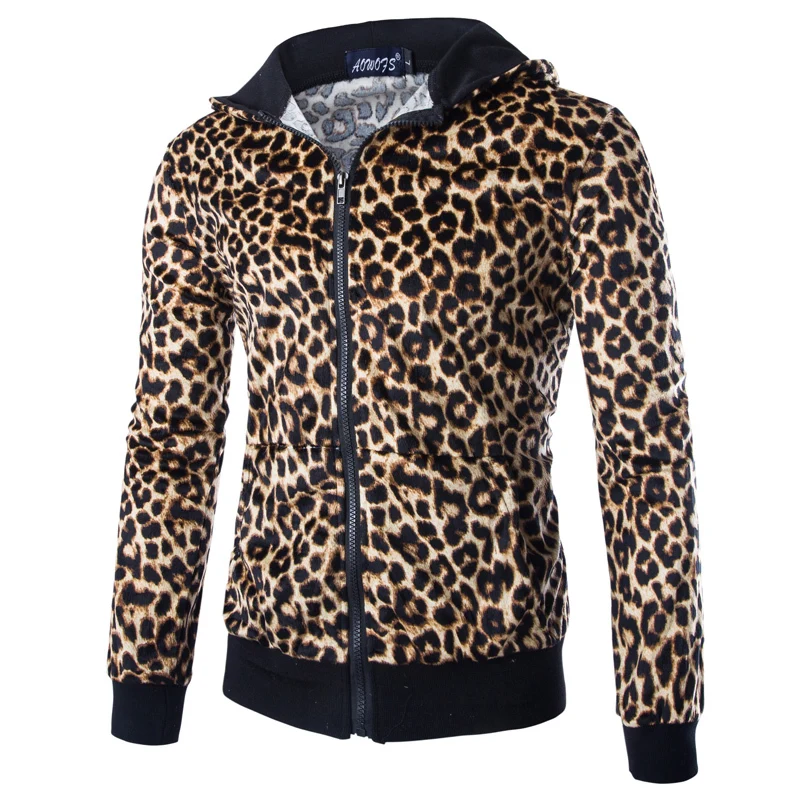 Мужская приталенная куртка с капюшоном повседневная леопардовым принтом на