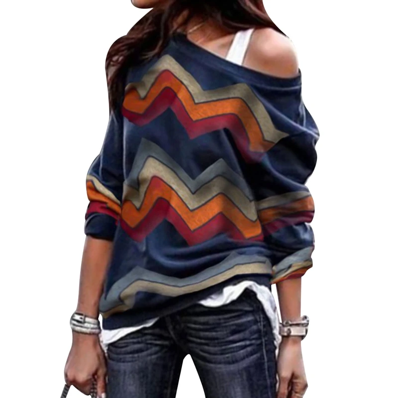 Women Off Shoulder Tshirt Female Long Sleeve Skew Collar Stripe Print Tops S-2XL