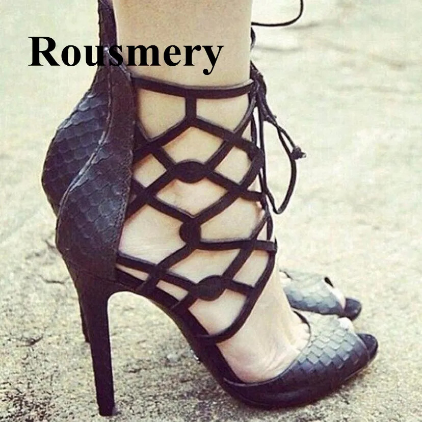

INS Hottest Fashion Black Ankle Boots Summer Lace Up Sexy Thin High Heel Peep Toe Rome Style Snakeskin pattern Women Sandals
