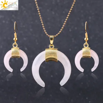 

CSJA Natural Stone Moon Jewelry Sets Crescent Pendant Necklace Gold Color Dangler Earring Rose Crystal Gems Women Jewellery F646