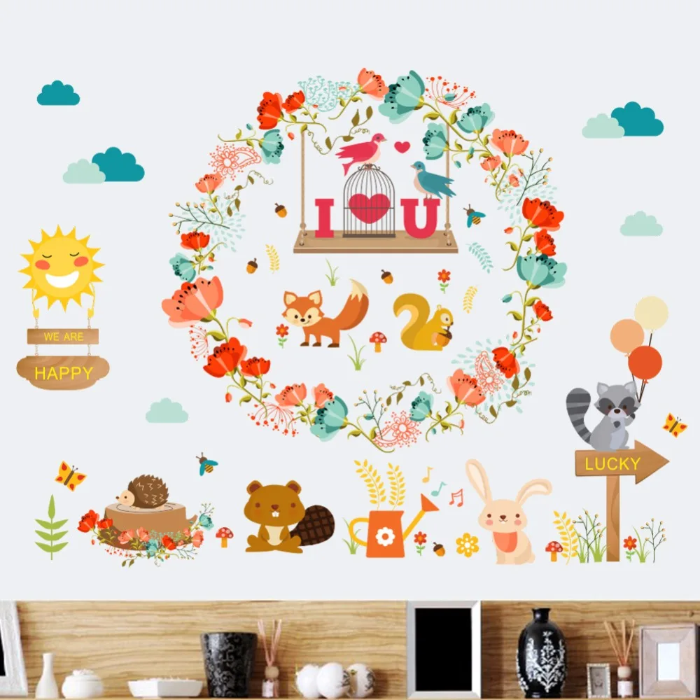 639 Dessin Animé Animaux Oiseau Cage Fleurs Couronne Stickers Muraux Heureux Forêt Stickers Muraux Enfants Infantile Chambre Fenêtre Verre Armoire
