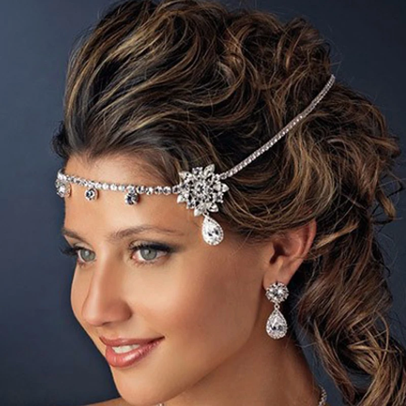 Цветочная Свадебная цепочка на голову, серебряная кристальная повязка на голову, свадебный головной убор на лоб, аксессуары для волос невесты, индийские украшения для волос для женщин