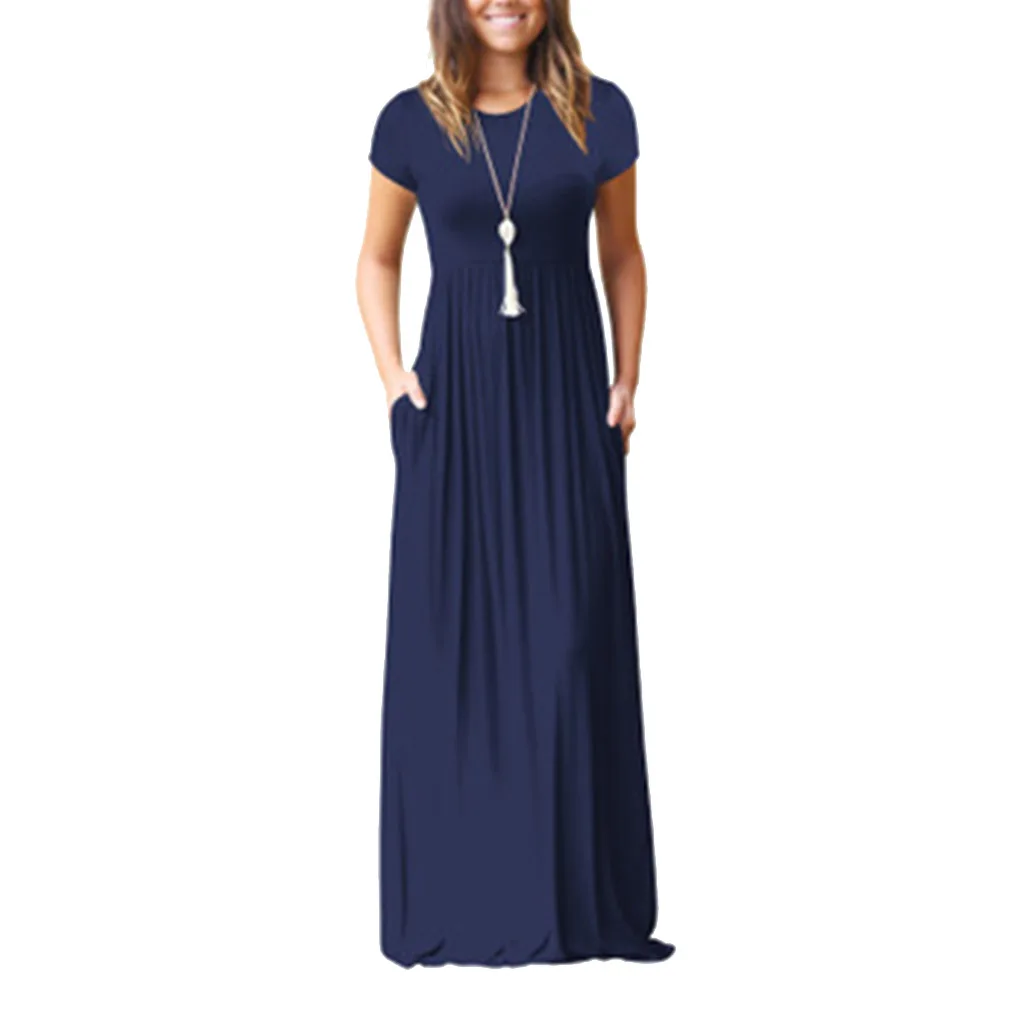 Women Short Sleeve Maxi Dress With Pockets Plain Loose Swing Casual