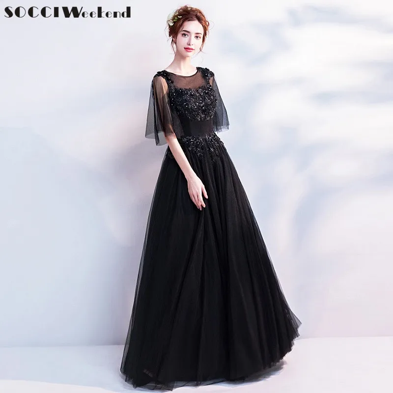 

SOCCI Weekend Elegant Evening Dress 2019 Slimming Black With Jacket Dinner Long FormalbWedding Party Dresses Beading Prom Gowns