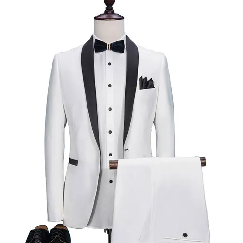 HB059 Белый Жених приталенные смокинги, строгий костюм, черный платок, лацкан, свадебные костюмы для мужчин(пиджак+ брюки), вечерние костюмы для выпускного вечера - Цвет: White