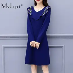 XL-5XL плюс размер элегантные платья Женская одежда 2018 Осень Цветочная вышивка v-образный вырез с длинным рукавом до колена платье А-силуэта