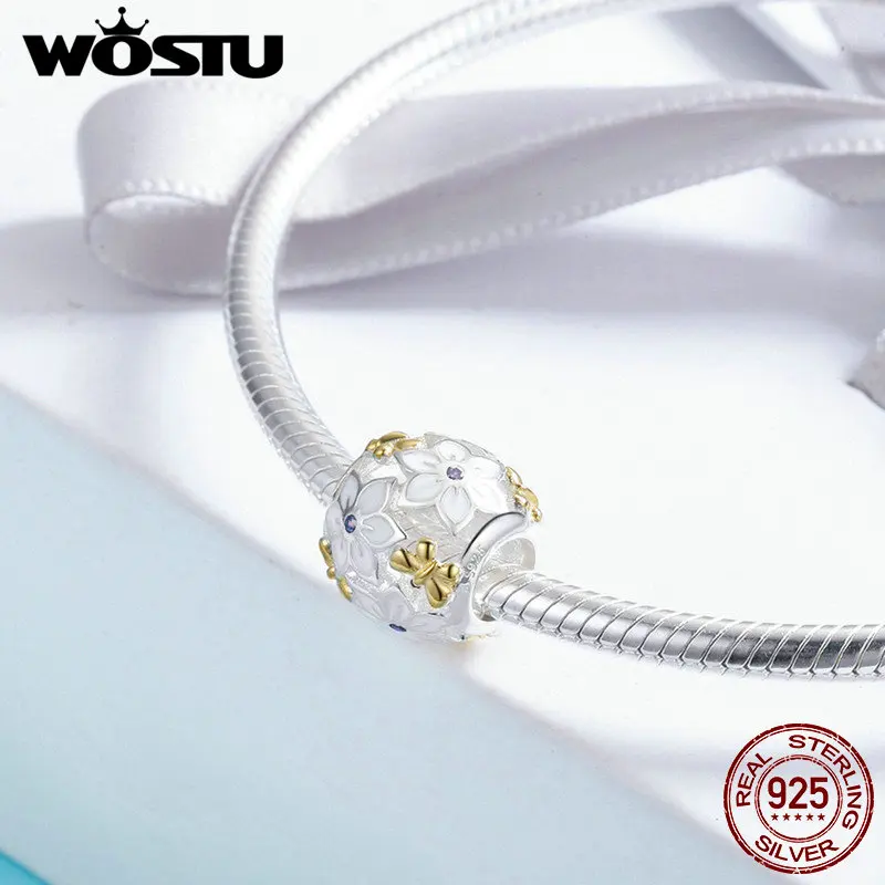 WOSTU Authentic 925 Sterling Silver Gold Color Flowers and Butterflies Charm Beads for Original WST Bracelet Jewelry DXC546