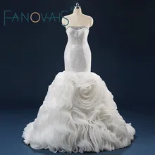 Real Pictures Luxury Strapless Sequins Crystal Beading Mermaid Wedding Dress Lace-up Back Tiered Ruffles Off the Shoulder