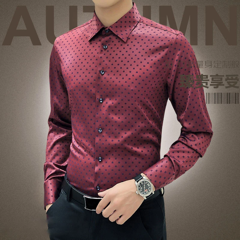 Новое поступление Осенняя Корейская мужская рубашка с длинным рукавом 2017 красная рубашка в горошек хлопок мужские шелковые повседневные