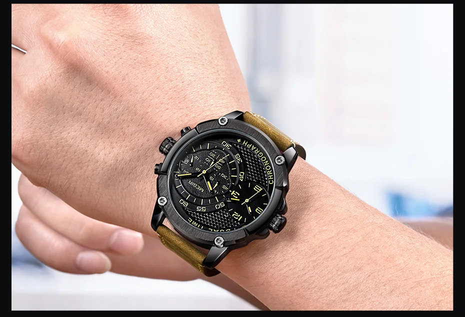 Хронограф megir спортивные кварцевые часы для мужчин Dual Time Zone для мужчин наручные часы Творческий Кожа армии Военная Униформа наручные