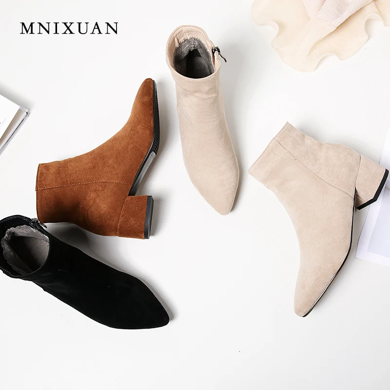 

MNIXUAN Stretch boots for women office ladies work shoes 2018 winter new pointed toe suede warm short plush zipper ankle boots
