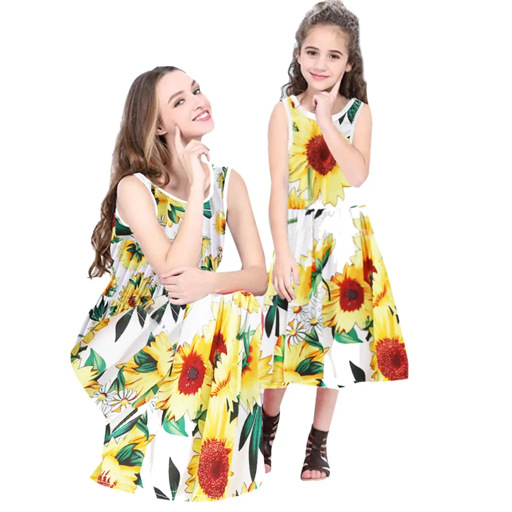 

Stylish Bar Adult Baby Family Clothes Mommy Me Women Girl Daughter Matching Dresses Sunflower Print Dress Vestito Mamma Figlia #