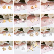 Женские золотые серебряные серьги-гвоздики из нержавеющей стали, милые серьги гвоздики для девочек, серьги в виде животных в форме сердца, Листьев, звезд, минималистичное ювелирное изделие