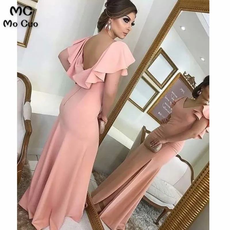 

Mocuo 2018 Blush Pink Mermaid Bridesmaid Dresses Long Short Sleeve Front Slit Elastic Satin Wedding Party Dress Bridesmaid Dress