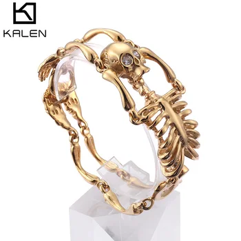 

Kalen Punk 21cm Long Skull Gold Bracelets For Men 2019 Stainless Steel Skeleton Charm Bracelet Homme Male Jewelry