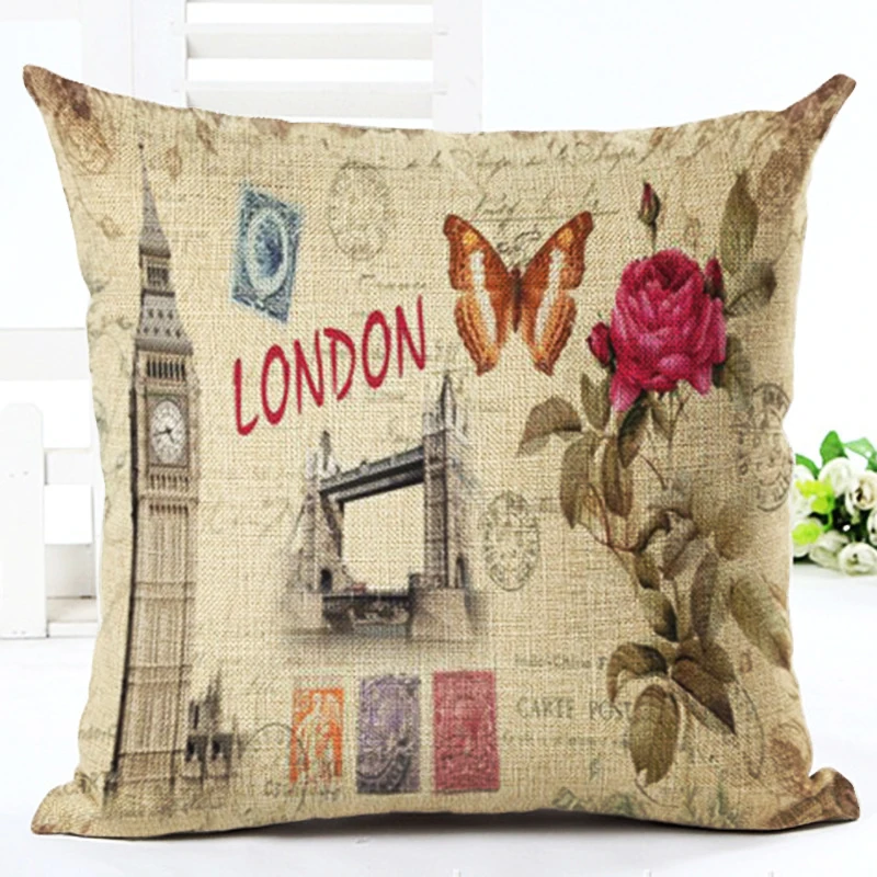 

2017 High Quality Retro Flower london paris Home Decor Cojines Printed Soft Pillow Throw Linen Cotton Cushion Almofadas