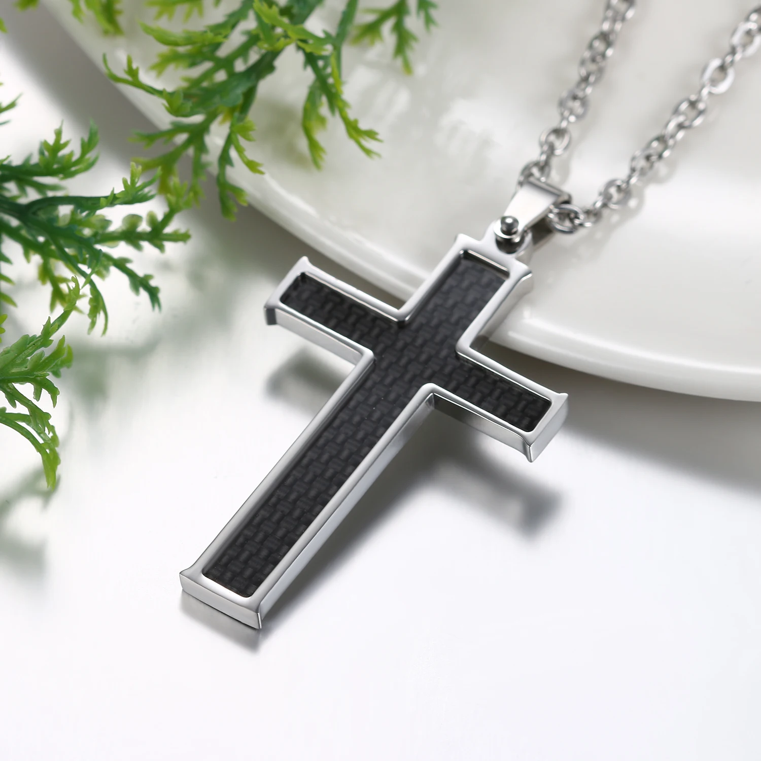 BONISKISS Carbon Fiber Stainless Steel Men's Cross Necklace 21.5 Inch