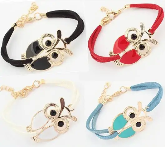 

Fashion Gold Owl Charm Cuff Bracelet Cute Animal Rope Leather Bangle Wrap Black Wristbands Girl Kids Child Women Jewelry Gifts