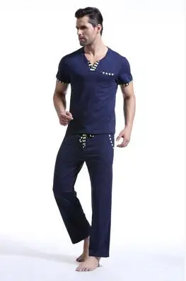 WANGJIANG модный лоскутный Мужской комплект для отдыха, Хлопковая пижама, пижамный комплект со штанами - Цвет: NAVY