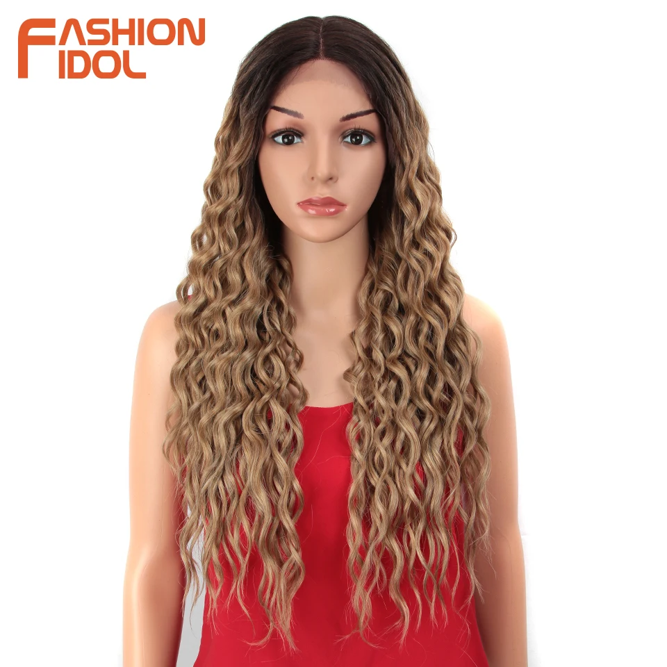 FASHION IDOL 28 inch Hair Synthetic Lace Front Wigs For Black Women Soft Loose Wave Hair Ombre Brown Pink Heat Resistant Hair