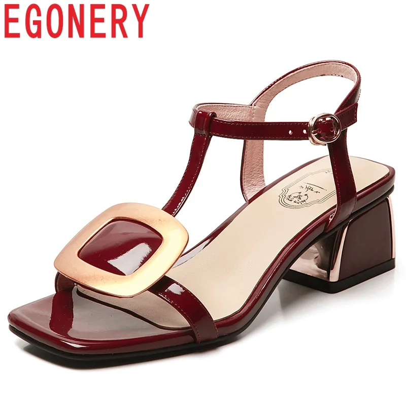 

EGONERY ethnic summer Genuine cow Leather woman T-Strap sandals Western girl pink wine red 4.5 cm med heels women shallow shoes