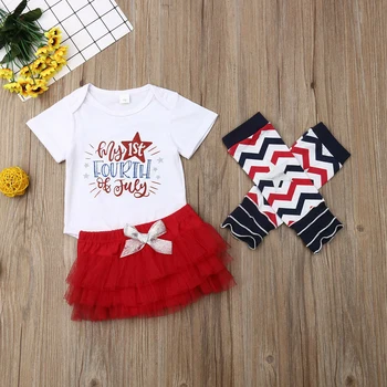 

Infants Girls July 4th Independence Day Print White Short Sleeves +Red Skirt +Socks Bodysuit 3PCS 0-24M