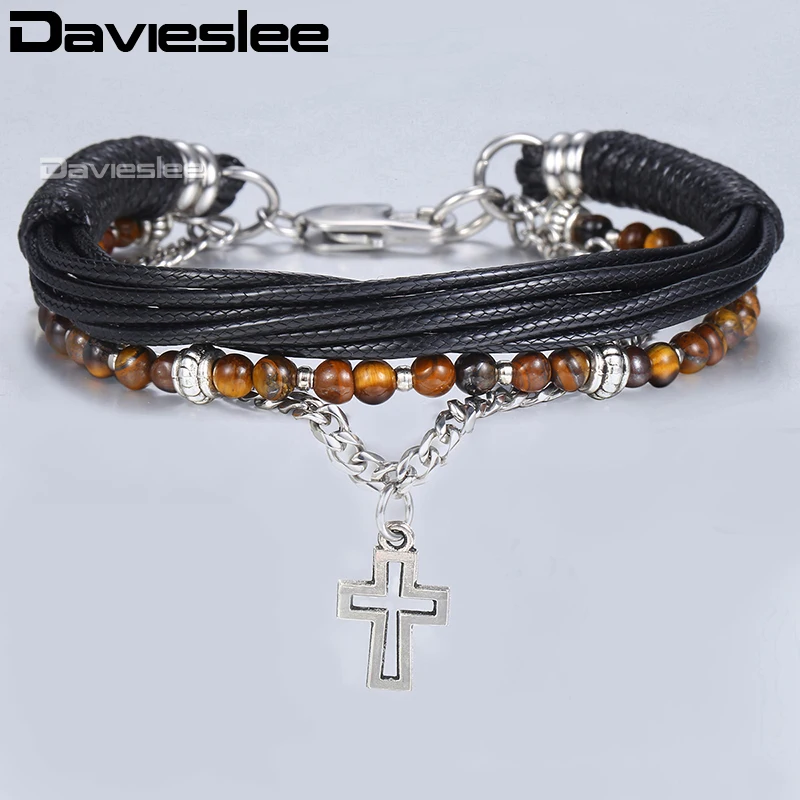 Davieslee Mens Beaded Bracelet Leather Stainless Steel Curb Cuban Chain Cross Pendant Charm 3 Layers Brown Bracelets DDLB71