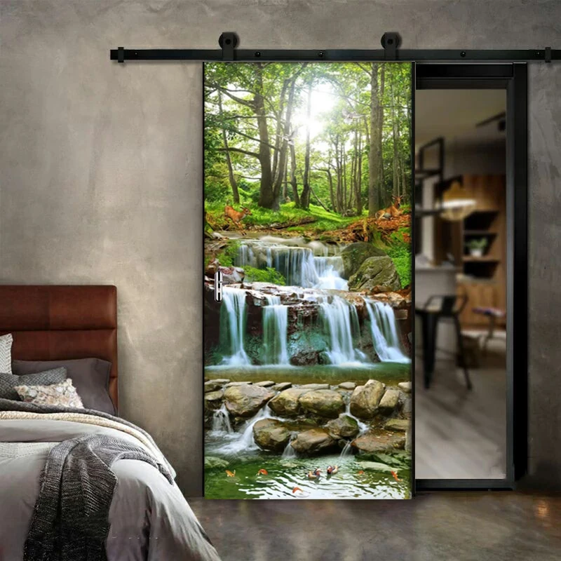 

Forest Stream Waterfall Landscape Door Stickers 3D Wallpaper Living Room Door Decor 3D Mural PVC Self-adhesive Waterproof Decal