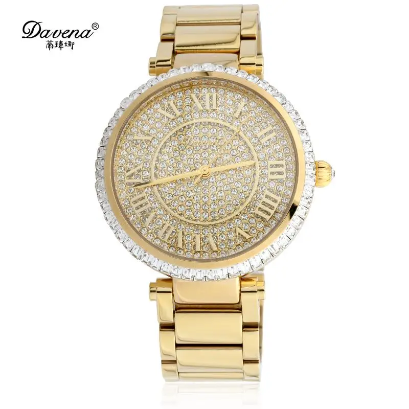 

Brand Davena Unisex Designer Women Luxury Full Crystals Dress Watches Roman Number Business Statement Clock Steel Bracelet WA052