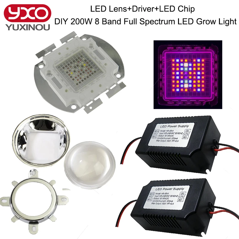 

2016 DIY 200W Led Grow Light 8 Band Full Spectrum LED Grow,LED Driver,Lens And Reflector DIY Full Spectrum COB Led Grow Lamp