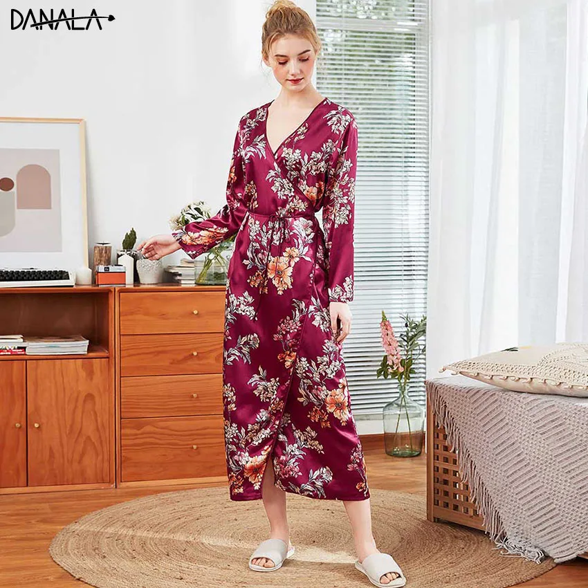 DANALA Женское ночное белье халаты кимоно осень длинный рукав цветочный принт женские халаты ночной халат домашняя одежда для женщин