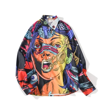 

Multiple styles Autumn New Men Loose personality printed Long Sleeve Shirts Fashion Hip hop Streetwear Casual black korean shirt